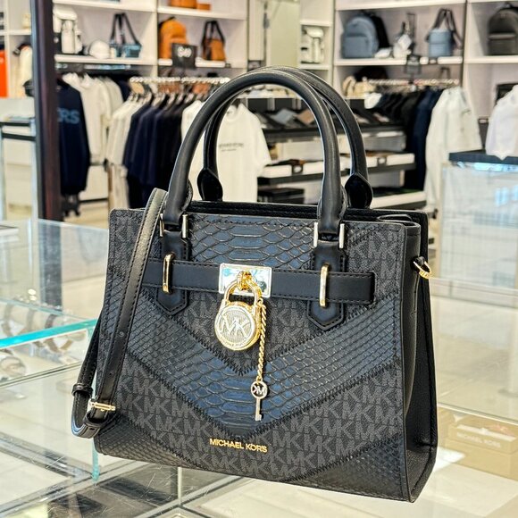 Michael Kors Hamilton Small Satchel Shoulder Bag MK Black Multi Embossed Exotic - Picture 3 of 10